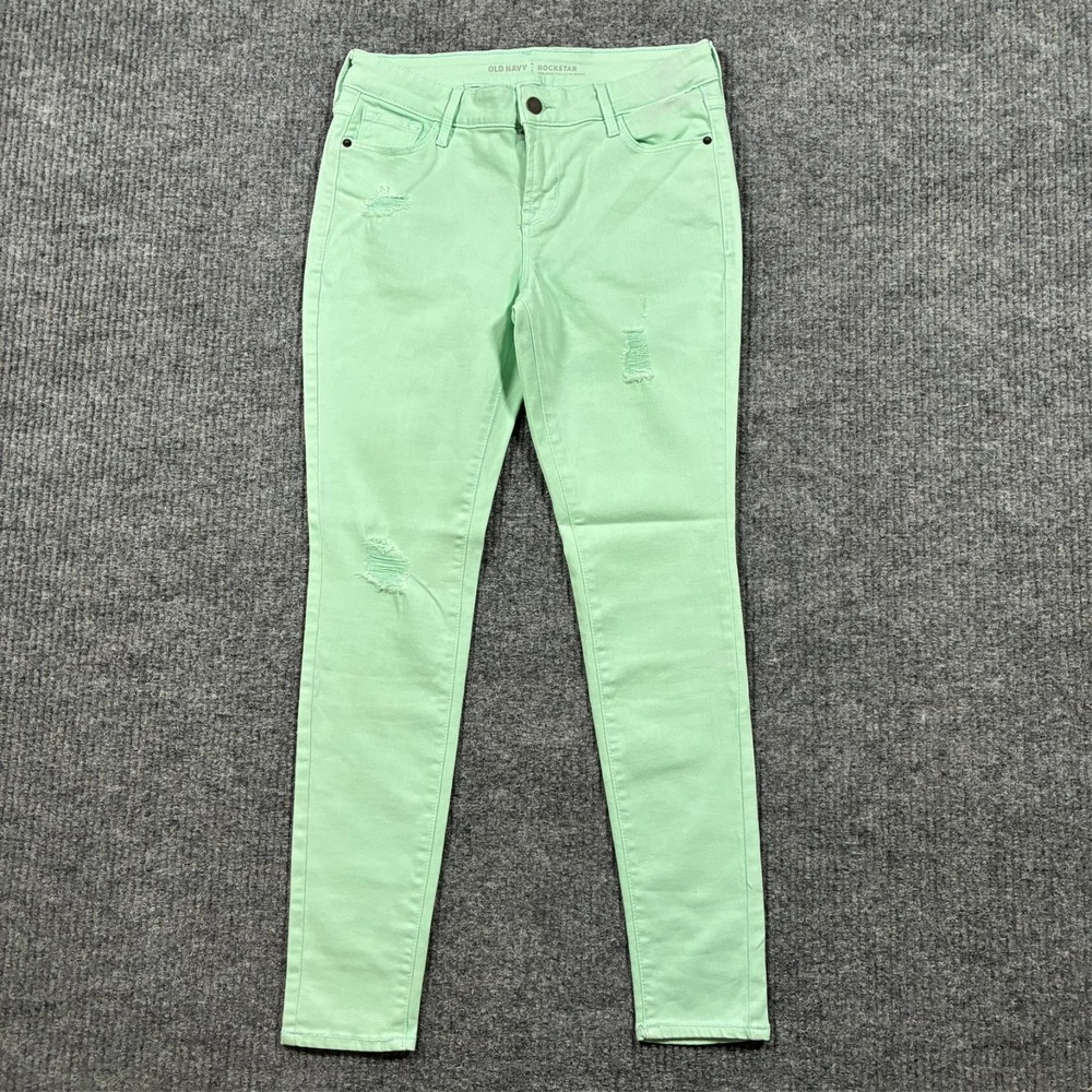 Old Navy Rockstar Womens Skinny Jeans Petite 6P Green Distressed Mid Rise‎